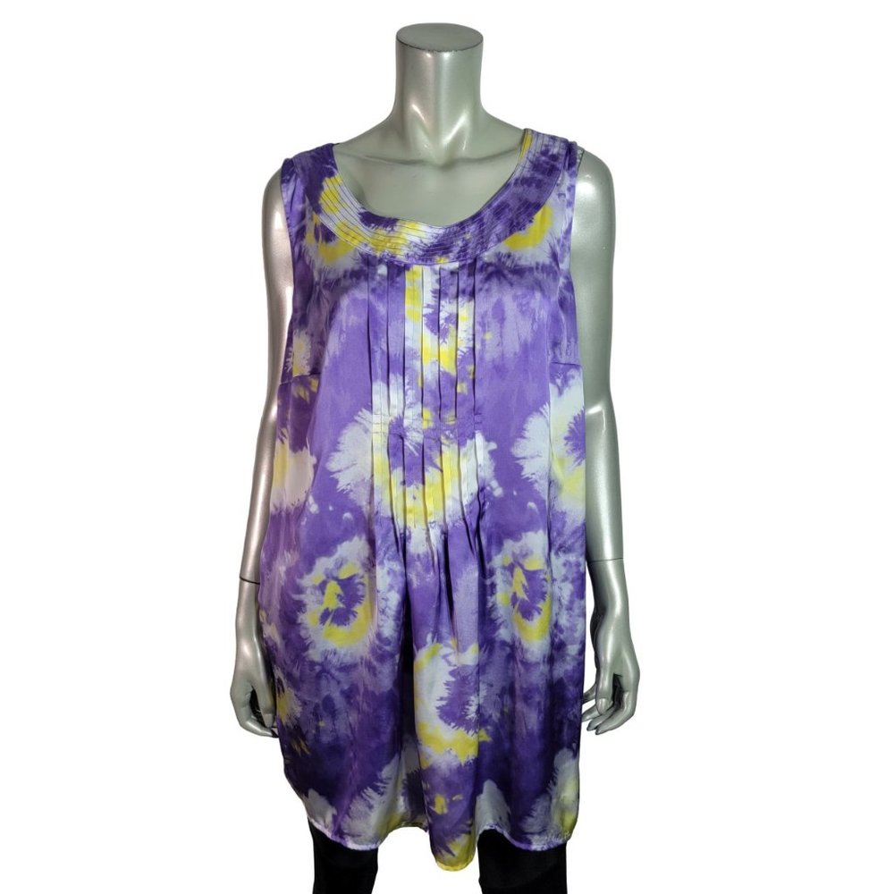 Lane Bryant Top Plus Size 22 Tunic Tie Dye Lightweight Pleated Sleeveless Purple